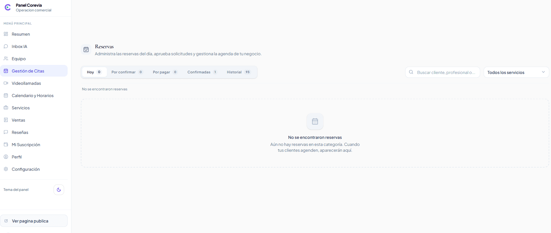 Vista real del módulo Agenda de Corevia